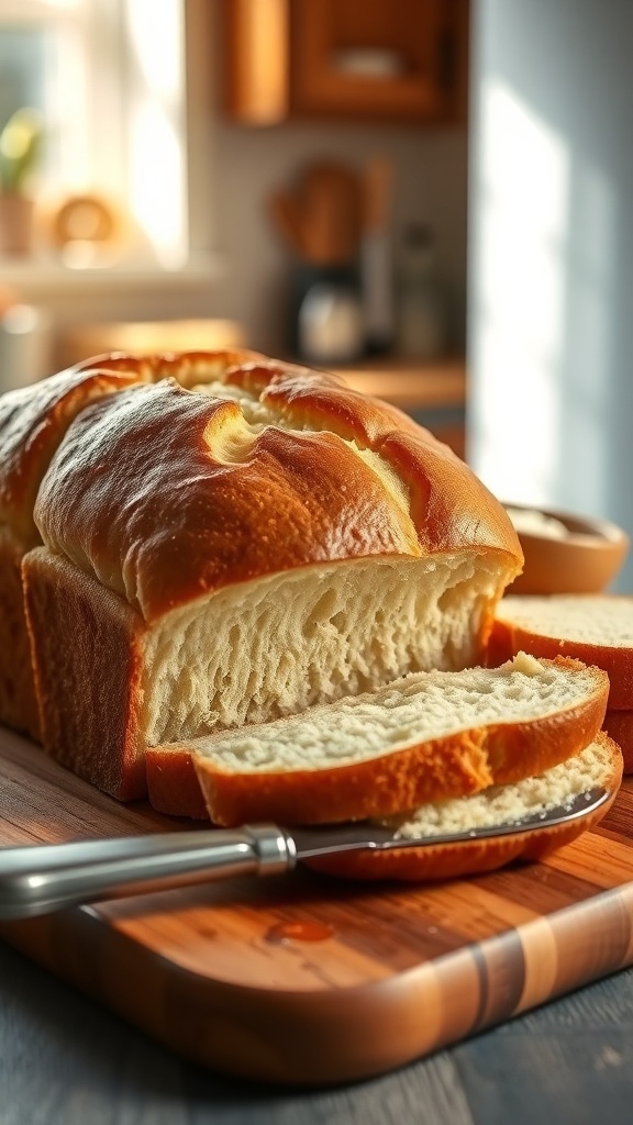 Homemade Sandwich Bread Recipe A loaf of homemade sandwich bread, sliced, on a wooden board with a butter knife.